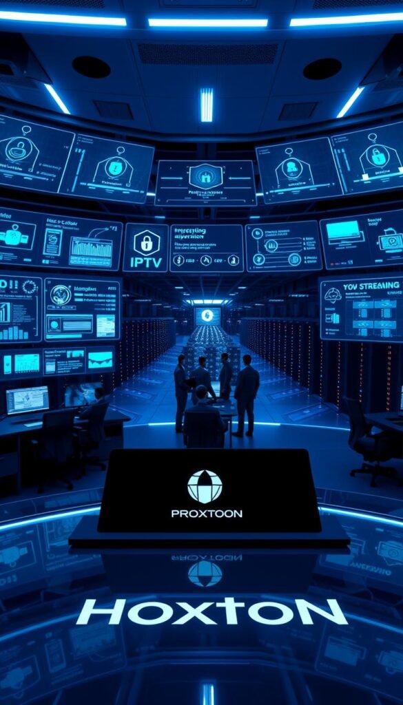 A high-tech cybersecurity control room with multiple holographic displays showcasing IPTV security protocols, encryption algorithms, and threat monitoring analytics. The room is bathed in a cool, neon-blue glow, creating an atmosphere of technological sophistication. In the foreground, a sleek, glass-topped desk features the Hoxtoon Provider logo, signifying the company's commitment to secure streaming. The middle ground depicts a team of cybersecurity experts in futuristic uniforms, analyzing data and coordinating defensive measures. The background is a panoramic view of a sprawling data center, with rows of server racks and blinking indicator lights. The overall scene conveys a sense of digital fortress, where the Hoxtoon Provider safeguards its users' streaming experience with cutting-edge security solutions.