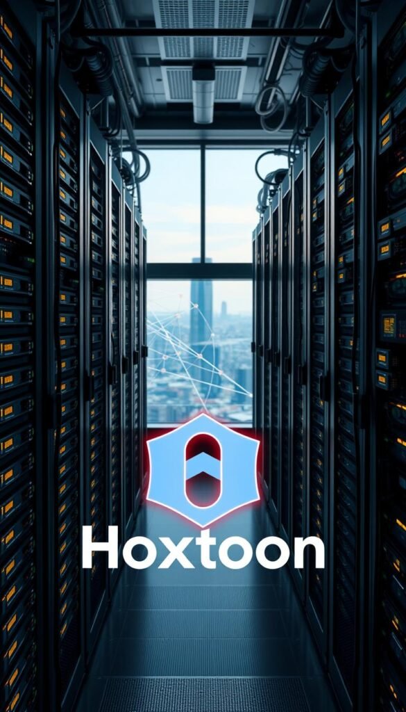A high-tech data center, filled with glowing server racks and complex cable management systems. In the foreground, a futuristic Hoxtoon Provider logo is prominently displayed, its sleek design illuminated by a soft, warm light. The middle ground features a network diagram, illustrating the intricate web of connections that power the Hoxtoon streaming service. In the background, a panoramic view of the city skyline is visible through large windows, hinting at the global reach and scale of the Hoxtoon network. The overall atmosphere is one of cutting-edge technology, precision, and reliability, capturing the essence of the "Streaming Technology Behind HOXTOON's Reliable Service."
