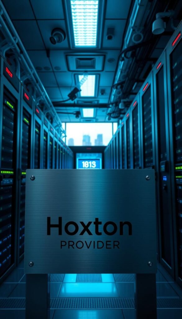 A high-tech data center with rows of secure server racks, blinking indicator lights, and a centralized control panel. The room is bathed in a cool, blue-tinted lighting, creating an atmosphere of digital precision. In the foreground, a Hoxtoon Provider logo is prominently displayed on a sleek, brushed metal sign, underscoring the company's commitment to robust security measures. The middle ground features an array of biometric scanners, keypad access points, and security cameras monitoring the facility. The background showcases a panoramic view of the city skyline, emphasizing the importance of this Hoxtoon Provider location in safeguarding users' online privacy and viewing experiences.