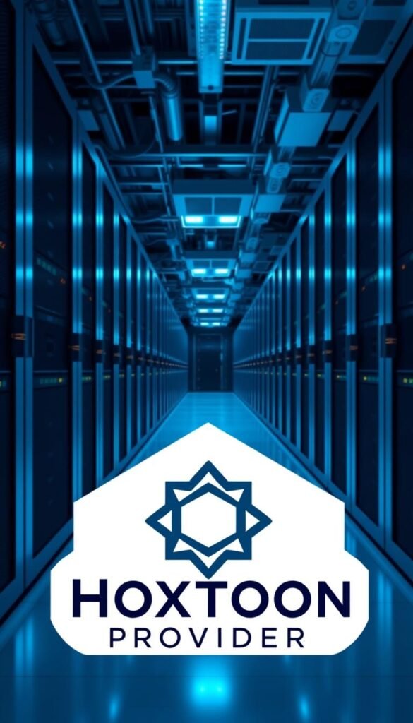A high-tech data center with rows of server racks, air conditioning units, and glowing indicator lights. In the foreground, a stylized icon representing the Hoxtoon Provider brand, rendered in sleek metallic materials and geometric forms. The lighting is cool and clinical, with a sense of precision and expertise. The overall atmosphere conveys a reliable, professional, and compliant IPTV service that adheres to US regulations. The composition emphasizes the technical infrastructure powering the Hoxtoon Provider offering.
