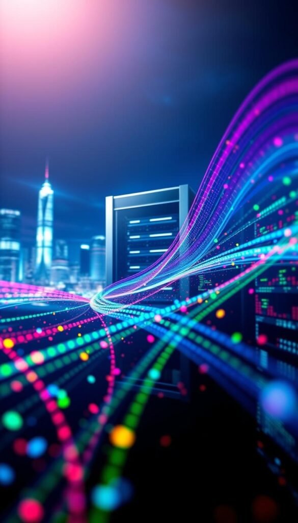 A high-tech data transmission process with the Hoxtoon Provider IPTV system. In the foreground, colorful streams of digital data flow seamlessly, representing the efficient transfer of multimedia content. In the middle ground, a sleek server rack and networking equipment symbolize the robust infrastructure powering the system. The background features a futuristic cityscape, hinting at the global reach and connectivity of the Hoxtoon IPTV service. Dramatic lighting casts an ethereal glow, conveying the cutting-edge technology at work. Precise camera angles and a sense of depth create a visually captivating and technically accurate illustration of the IPTV data transmission process.