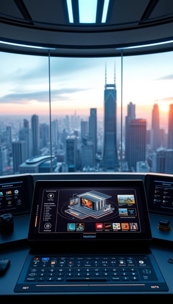 A high-tech digital command center, illuminated by a soft, futuristic glow. In the foreground, a sleek touchscreen interface showcases the advanced features of the Hoxtoon IPTV Provider, including customizable channel packages, voice-controlled navigation, and seamless integration with smart home devices. The middle ground features a detailed 3D visualization of the IPTV platform's intuitive user experience, with smooth transitions between live TV, on-demand content, and personalized recommendations. In the background, a cityscape of skyscrapers and futuristic architecture sets the stage for this cutting-edge IPTV solution, radiating a sense of innovation and technological prowess.