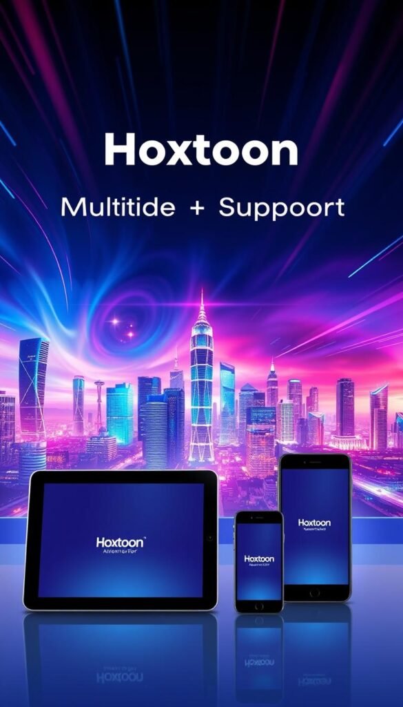A high-tech digital illustration depicting the "Hoxtoon Provider" multi-device support feature. In the foreground, multiple sleek devices, including a smart TV, tablet, and smartphone, are seamlessly connected and displaying the Hoxtoon logo. The middle ground showcases a vibrant, futuristic cityscape with skyscrapers and glowing neon lights, reflecting the advanced technology of the Hoxtoon platform. The background is a dramatic, cinematic sky with streaks of colorful, dynamic energy, symbolizing the power and versatility of the Hoxtoon service. The overall composition conveys a sense of modern, cutting-edge technology and the effortless integration of Hoxtoon across a variety of devices.