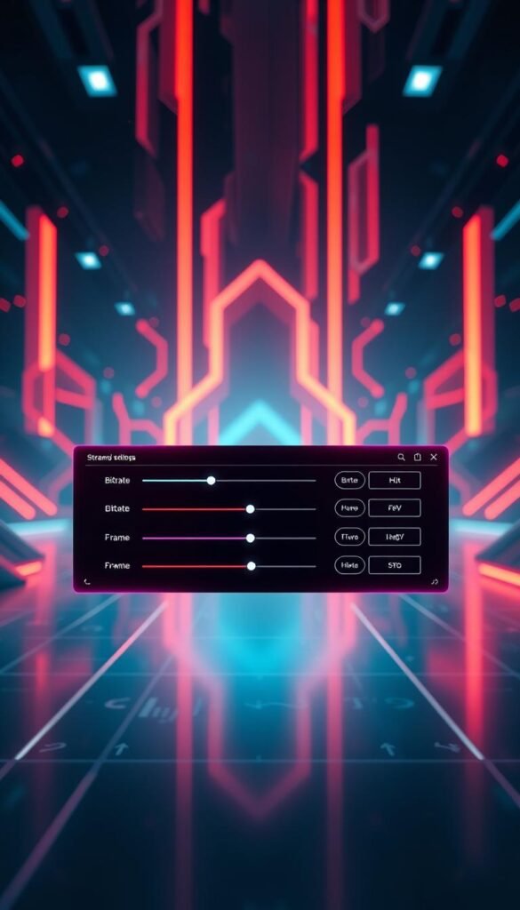 A high-tech digital interface showcasing the Hoxtoon Provider IPTV streaming quality settings. Sleek, minimalist design with a futuristic aesthetic. Vibrant, neon-tinged lighting illuminates the various sliders, toggles, and menus for bitrate, resolution, frame rate, and other technical parameters. Backdrop is a dynamic, ever-shifting landscape of abstract shapes and forms, evoking the complexities of modern digital media streaming. The user interface hovers in the foreground, inviting the viewer to delve into the fine-tuned controls that maximize the Hoxtoon IPTV experience. Cinematic camera angle and depth of field creates a sense of depth and interactivity. Overall, a striking balance of form and function that elevates the technical aspects of premium IPTV.