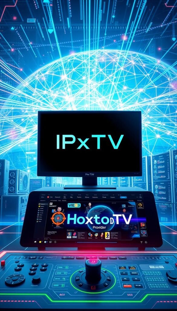 A high-tech digital landscape depicting the cutting-edge IPTV technology. In the foreground, a sleek, futuristic interface showcases the Hoxtoon Provider brand, its intuitive controls and vibrant visuals. In the middle ground, digital devices and servers interconnect, symbolizing the seamless streaming and content delivery. The background features a vast, ethereal network of data streams, pulsing with energy and highlighting the global reach and infrastructure of IPTV. Illuminated by a cool, technological glow, the scene conveys the power, efficiency, and innovation of this revolutionary entertainment medium.
