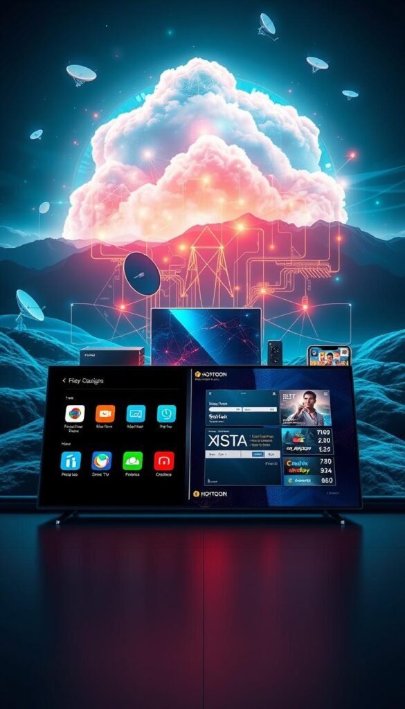 A high-tech digital landscape showcasing the Hoxtoon Provider IPTV technology. In the foreground, a sleek digital display panel illustrates the user interface, with vivid icons and a clean, intuitive layout. The middle ground features a cluster of interconnected devices, including streaming boxes, smart TVs, and mobile devices, all seamlessly integrating the IPTV experience. In the background, a vibrant holographic network of satellite dishes, fiber-optic cables, and cloud infrastructure symbolizes the expansive reach and advanced infrastructure powering the Hoxtoon IPTV system. The scene is bathed in a cool, futuristic lighting scheme, evoking a sense of cutting-edge technology and endless entertainment possibilities.