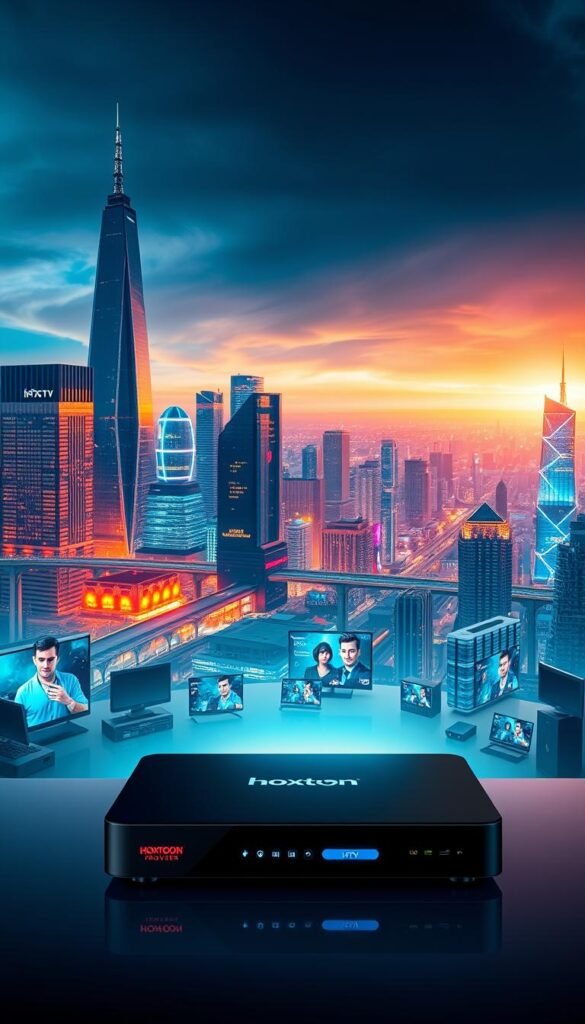 A high-tech digital landscape, showcasing the seamless integration of IPTV streaming services. In the foreground, a Hoxtoon Provider media hub stands prominently, its sleek design and glowing interfaces conveying the power and reliability of premium IPTV. The middle ground features a panoramic view of various streaming devices, from smart TVs to mobile phones, all connected and delivering crystal-clear, high-definition content. The background is a futuristic cityscape, with towering skyscrapers and a vibrant, neon-lit skyline, representing the boundless possibilities of modern entertainment technology. Soft, warm lighting illuminates the scene, creating a sense of comfort and immersion. The overall composition emphasizes the seamlessness, quality, and innovation of IPTV streaming services.