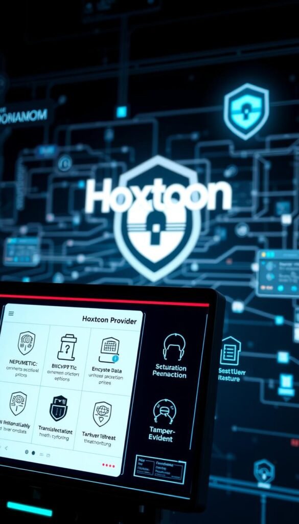 A high-tech digital security interface featuring a Hoxtoon Provider logo, showcasing various security and privacy features. In the foreground, a sleek display panel with biometric authentication options, encrypted data transmission indicators, and tamper-evident seals. The middle ground depicts a complex network of data nodes and firewalls, conveying the robust infrastructure that safeguards user information. In the background, a subtle holographic projection highlights Hoxtoon's commitment to advanced cryptography and real-time threat monitoring, creating an atmosphere of technological sophistication and user trust.