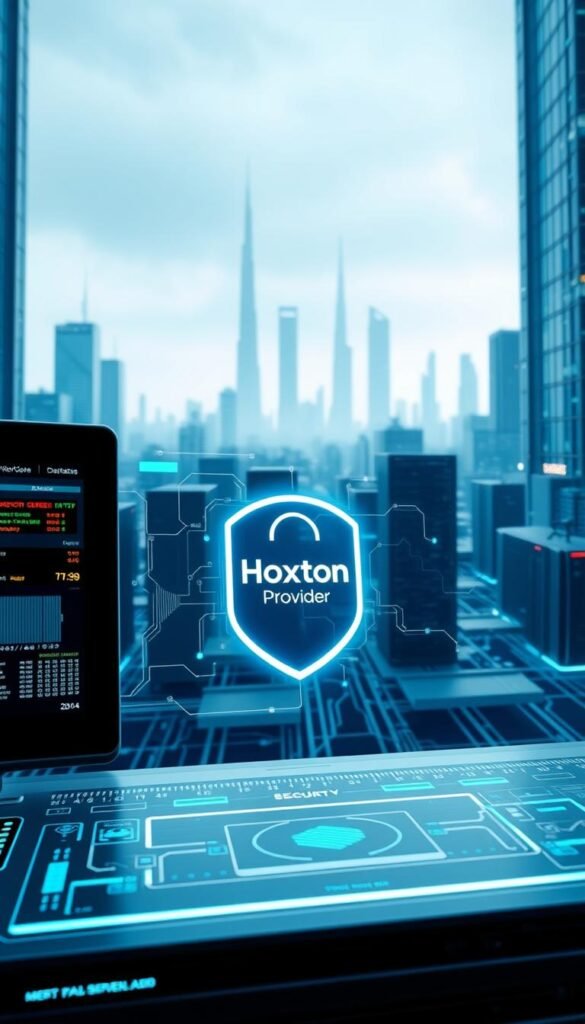 A high-tech digital security system, featuring the Hoxtoon Provider brand, protects a premium IPTV service in 2024. The foreground showcases a sleek, futuristic interface with biometric authentication and encrypted data transmission. The middle ground depicts a network of interconnected servers and databases, secured by cutting-edge firewalls and intrusion detection systems. In the background, a cityscape of skyscrapers and futuristic architecture creates a sense of a technologically advanced, urban environment. The lighting is a cool, blue-tinted tone, conveying a sense of reliability and trustworthiness. The overall composition suggests a robust, state-of-the-art security solution that safeguards the Hoxtoon Provider's premium IPTV offerings.