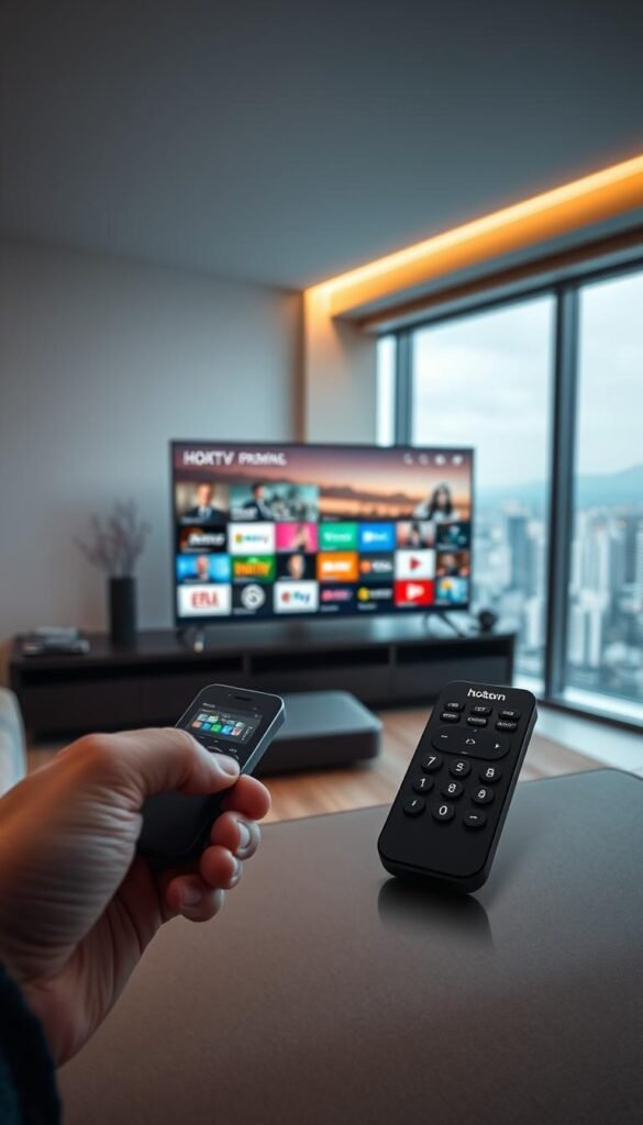 A high-tech entertainment hub, showcasing a sleek and modern Hoxtoon Provider IPTV subscription service. In the foreground, a minimalist remote control commands a widescreen TV displaying a vibrant array of premium channels. The middle ground features a cutting-edge media streaming device, its clean design complementing the living room's contemporary decor. In the background, a panoramic window offers a glimpse of a bustling city skyline, hinting at the boundless entertainment possibilities of the IPTV service. Soft, directional lighting illuminates the scene, creating a sense of sophistication and technological prowess. The overall atmosphere evokes a premium, immersive viewing experience.