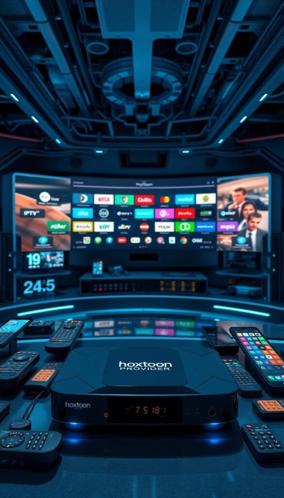 A high-tech, futuristic IPTV control center. In the foreground, a sleek, modern IPTV set-top box with the Hoxtoon Provider brand prominently displayed. The box is surrounded by a range of remote controls, smartphones, and tablets, all connected to the IPTV system. In the middle ground, a large, curved display screen showcases a vibrant, interactive IPTV interface, with various channel logos and on-demand content options. The background features a sophisticated network of servers, routers, and cables, hinting at the complex infrastructure powering the IPTV services. The scene is bathed in a cool, blue-tinted lighting, conveying a sense of technological prowess and futuristic elegance.