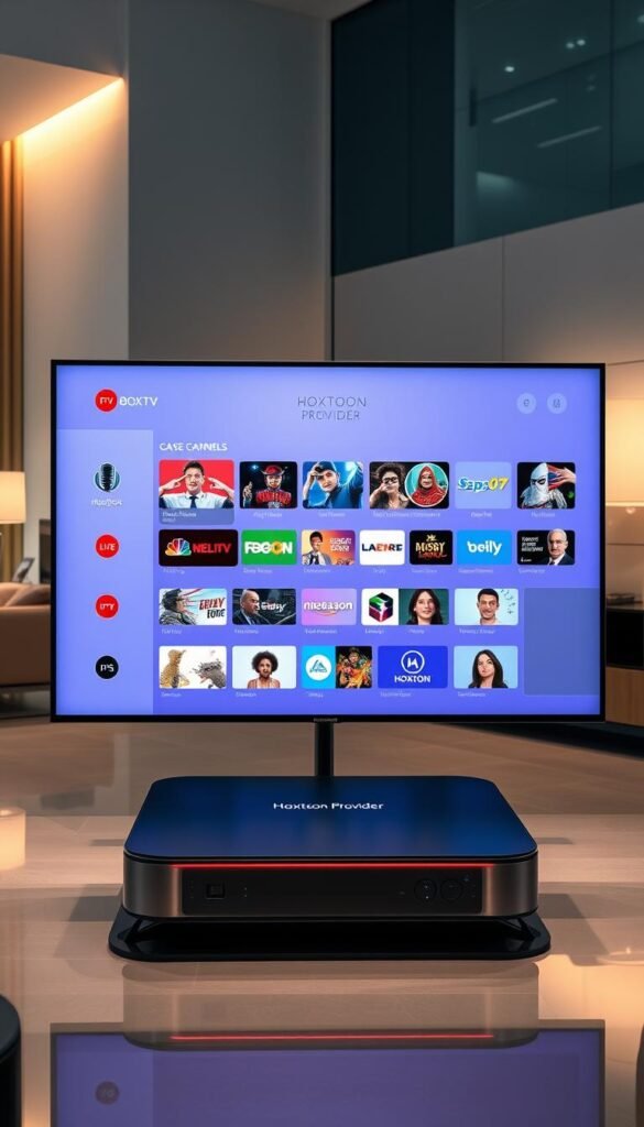 A high-tech, futuristic IPTV service interface presented on a large, sleek Mag Box device. The screen displays a seamless grid of popular live TV channels, on-demand content, and advanced features like voice control and smart home integration. The interface has a clean, minimalist design with vibrant colors and smooth animations, showcasing the Hoxtoon Provider brand prominently. The device sits atop a modern, metallic stand in a well-lit, contemporary home environment. Ambient lighting and reflective surfaces create a sense of sophistication and technological advancement.
