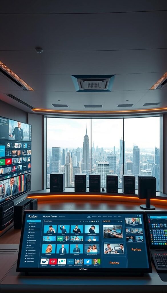 A high-tech futuristic control room displaying the latest IPTV technology. In the foreground, a sleek Hoxtoon Provider interface showcases a range of live TV channels, on-demand content, and smart home integrations. The middle ground features rows of advanced server racks and monitoring displays, highlighting the backbone of the IPTV infrastructure. In the background, a panoramic window overlooks a bustling city skyline, symbolizing the ubiquity and connectivity of modern television services. Warm lighting and a minimalist, streamlined aesthetic convey the sophistication and convenience of the Hoxtoon IPTV platform.