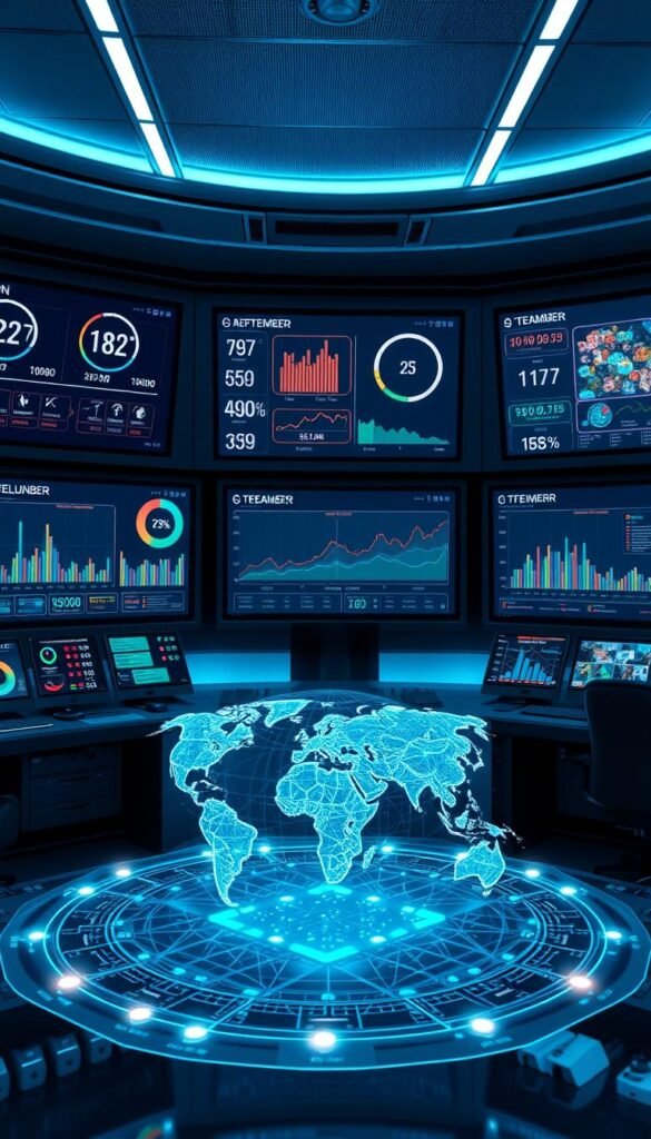 A high-tech, futuristic control room with multiple large screens displaying various IPTV streaming metrics and visualizations. The screens show real-time data on bitrate, resolution, latency, and other key performance indicators for the Hoxtoon Provider network. Sleek, minimalist design with chrome and glass elements. Ambient blue lighting casts an otherworldly glow, creating a sense of technological sophistication. In the foreground, a holographic display projects a 3D model of the global Hoxtoon network infrastructure, pulsing with data. The overall scene conveys the advanced, cutting-edge nature of the Hoxtoon Provider's streaming technology and capabilities.