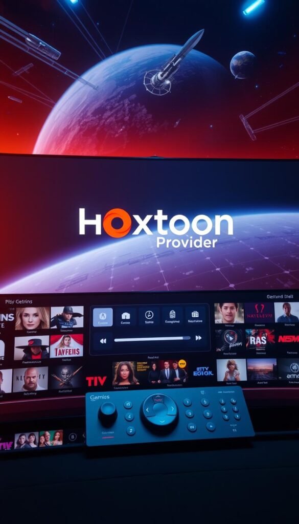 A high-tech, futuristic interface displaying a vast array of IPTV streaming options, showcasing the Hoxtoon Provider logo prominently. The screen is backlit with a warm, inviting glow, giving the scene a sense of depth and sophistication. In the foreground, various genre icons and thumbnails are arranged neatly, allowing the viewer to easily navigate the extensive on-demand content library. The middle ground features a sleek, minimalist control panel with intuitive icons and sliders, hinting at the user-friendly experience. The background depicts a dynamic, three-dimensional visualization of the IPTV network, with data streams and satellite imagery, conveying the scale and power of the Hoxtoon Provider's streaming capabilities.