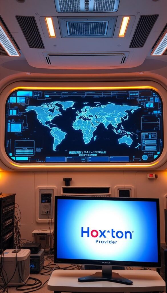A high-tech, futuristic interior with a focus on IPTV technology. In the foreground, a large, sleek TV screen displays the Hoxtoon Provider logo, showcasing their IPTV service. The middle ground features various networking devices, cables, and a modern, minimalist console. The background is filled with a holographic display, projecting a world map with data visualizations, emphasizing the global reach and technical capabilities of IPTV. Soft, warm lighting illuminates the scene, creating a professional and cutting-edge atmosphere. The entire composition conveys the advanced, innovative nature of IPTV technology, as used by the Hoxtoon Provider.