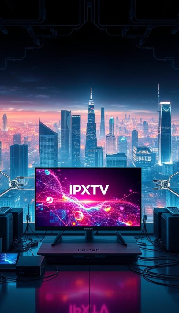 A high-tech futuristic landscape showcasing the power of IPTV technology. In the foreground, a sleek and modern smart TV set displays the Hoxtoon Provider logo, surrounded by a array of digital devices seamlessly connected through a complex network of cables and wireless signals. The middle ground features a dynamic visualization of data streams, with vibrant colors and geometric patterns representing the flow of content from the cloud to the viewer's screen. In the background, a cityscape of towering skyscrapers and futuristic architecture sets the scene, hinting at the global reach and scalability of this revolutionary television platform. The lighting is sharp and dramatic, casting long shadows and highlighting the advanced, high-tech nature of the IPTV ecosystem.