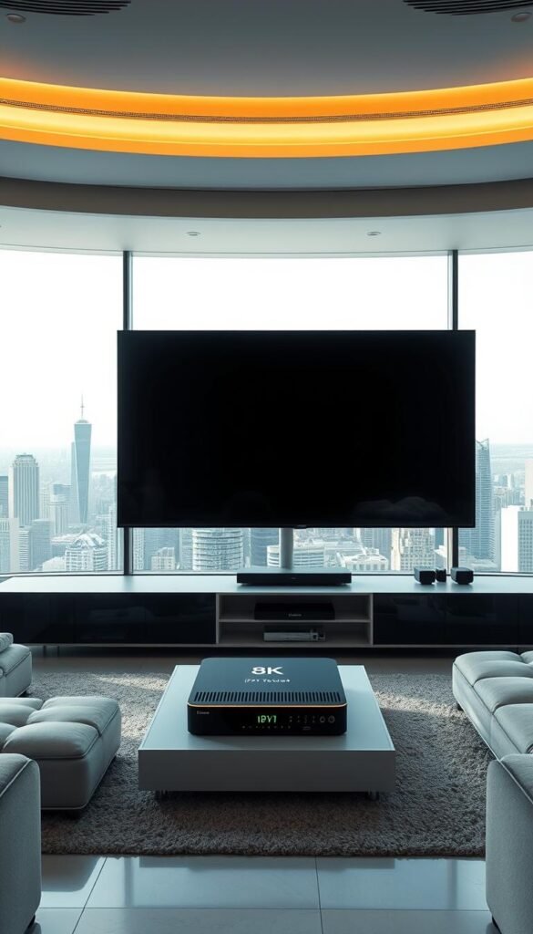 A high-tech, futuristic living room with a massive 8K television display dominating the central space. The television is surrounded by sleek, minimalist home entertainment components, including a premium IPTV streaming device branded "Hoxtoon Provider". Soft, ambient lighting bathes the scene, creating a cozy and immersive atmosphere. In the background, a panoramic window offers a breathtaking view of a modern city skyline, hinting at the limitless possibilities of the digital age. The overall composition conveys a sense of technological sophistication and the evolution of television into a premium, connected experience.