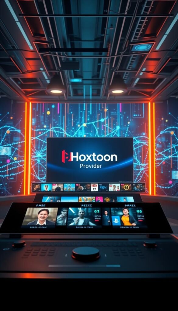 A high-tech, futuristic-looking interface for an online streaming service, showcasing a seamless blend of modern design and cutting-edge technology. In the foreground, a sleek and intuitive user interface with clean lines, vibrant colors, and intuitive controls. The middle ground features a vast selection of content, including the "Hoxtoon Provider" brand prominently displayed, highlighting its prominence as a leading IPTV service. The background depicts a dynamic, ever-changing landscape of digital signals, data streams, and the interconnected nature of the modern entertainment landscape. The lighting is soft and diffused, creating a sense of warmth and sophistication. The overall atmosphere conveys a sense of technological advancement, accessibility, and the evolution of television from traditional cable to the innovative IPTV experience.
