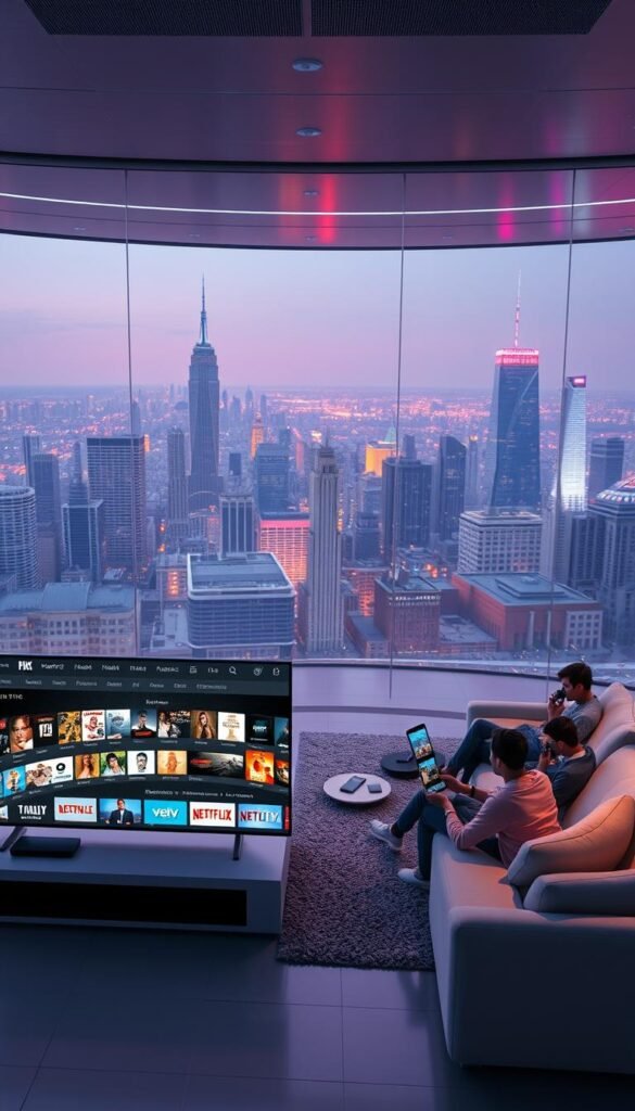 A high-tech futuristic scene showcasing the evolution of television entertainment. In the foreground, a sleek, minimalist Hoxtoon Provider IPTV interface displays a diverse array of content options. The middle ground features a group of people relaxing on modern, stylish furniture, engaged with their various devices, seamlessly accessing a wide range of live TV channels, on-demand movies, and streaming services. In the background, a panoramic cityscape with skyscrapers and neon lights, representing the global connectivity and technological advancements that have transformed the way we consume and experience entertainment.
