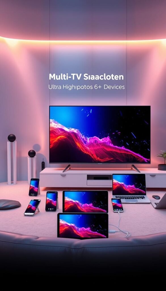 A high-tech, futuristic scene showcasing the seamless multi-device compatibility of the Hoxtoon Provider platform. In the foreground, a sleek, minimalist smart TV displays vibrant, ultra-high-definition content. Surrounding it, an array of modern, high-end devices - smartphones, tablets, laptops - all connected and streaming simultaneously, highlighting the platform's ability to support 6+ devices. The background features a clean, metallic environment with subtle holographic elements, conveying a sense of advanced, cutting-edge technology. Warm, soft lighting illuminates the scene, creating a welcoming and visually appealing atmosphere. The overall composition emphasizes the versatility, convenience, and high-performance capabilities of the Hoxtoon Provider service.