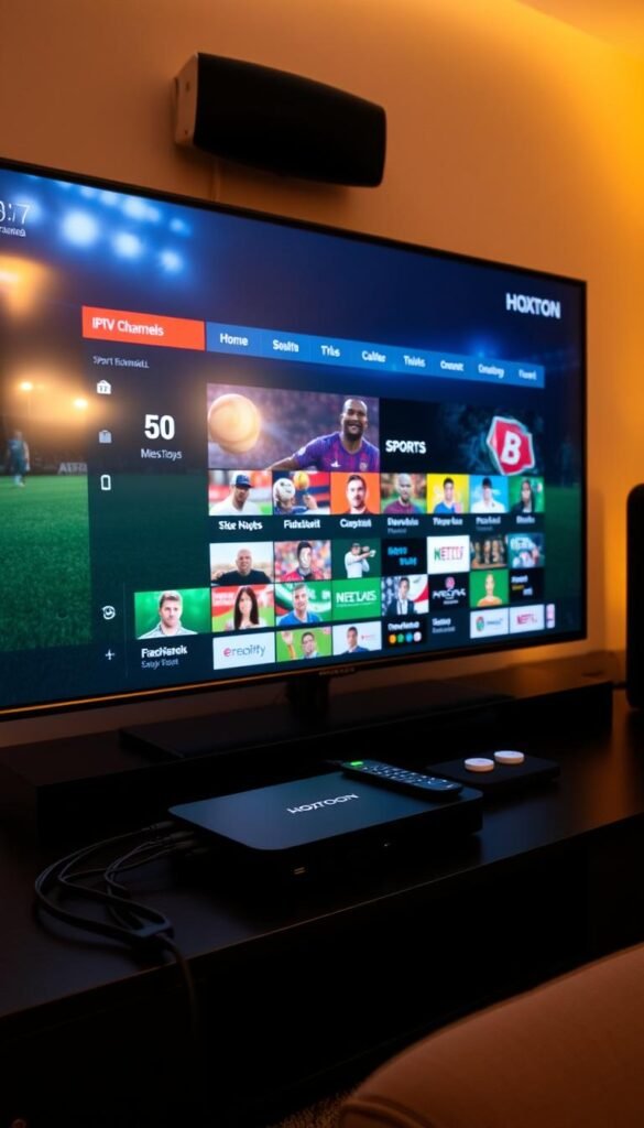 A high-tech home entertainment setup with a large TV screen displaying a variety of IPTV sports channels, accompanied by a sleek Hoxtoon Provider streaming device, remote control, and an organized cable management system. The scene is bathed in warm, indirect lighting, creating a cozy and inviting atmosphere. The overall composition emphasizes the seamless integration of technology and the user's comfort, showcasing the ease and convenience of the Hoxtoon IPTV experience.