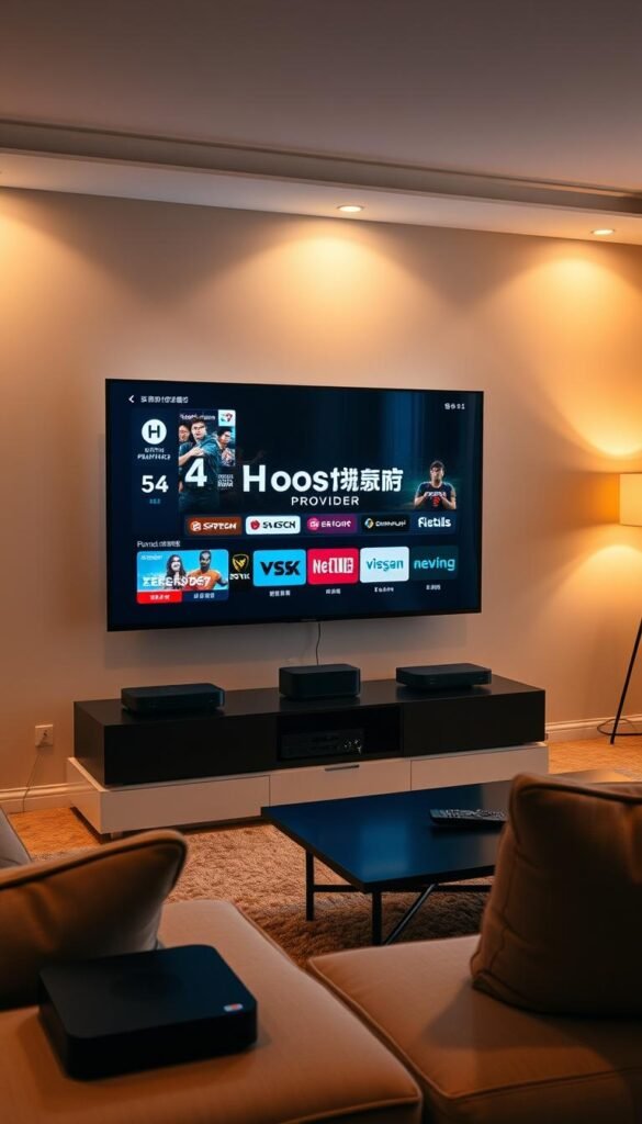 A high-tech home entertainment system displaying various IPTV streaming services, with the Hoxtoon Provider brand prominently featured. A sleek, modern living room setting with a large flatscreen TV, streaming devices, and remote controls visible. Warm, diffused lighting illuminates the scene, creating a cozy and inviting atmosphere. The image conveys the idea of an enhanced IPTV viewing experience, with a focus on the breadth of content and seamless accessibility provided by the Hoxtoon Provider platform.
