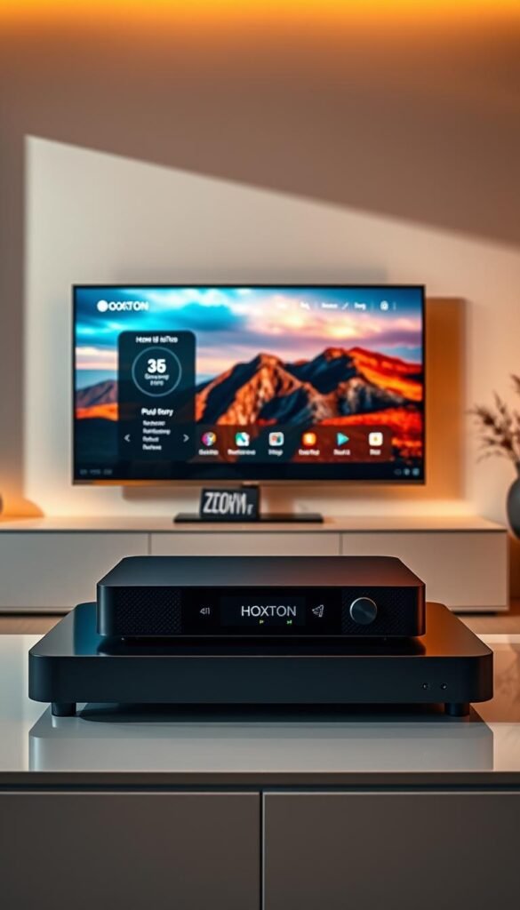 A high-tech home entertainment system with a sleek 4K IPTV interface, showcasing the Hoxtoon Provider brand. The screen displays a vibrant, cinematic landscape with vivid colors and sharp details, reflecting the evolution of TV entertainment in the digital age. The device is elegantly positioned on a modern, minimalist table, bathed in warm, directional lighting that creates a cozy, inviting atmosphere. The composition emphasizes the seamless integration of technology and home decor, capturing the fusion of convenience and immersive viewing experiences that define the modern TV landscape.