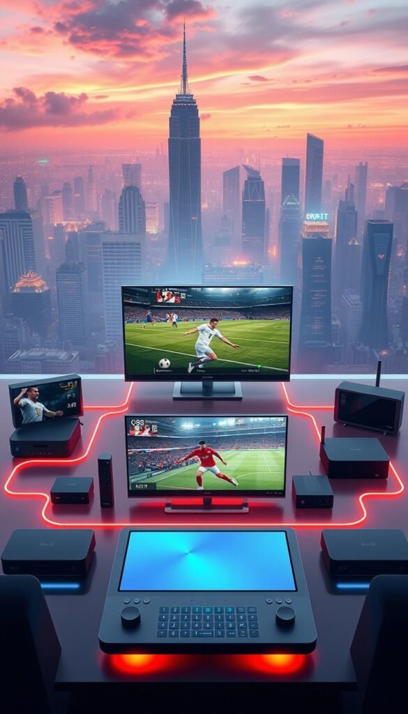 A high-tech illustration of IPTV technology, showcasing a sleek Hoxtoon Provider interface. In the foreground, a 4K Ultra HD video player displays a live sports event, surrounded by a clean, minimalist control panel. The middle ground features various streaming devices, from smart TVs to set-top boxes, connected through a robust, futuristic network. In the background, a city skyline with towering skyscrapers and a vibrant, neon-lit atmosphere. The scene conveys the premium, cutting-edge nature of IPTV sports streaming, with a focus on seamless integration, high-quality visuals, and the convenience of on-demand access.