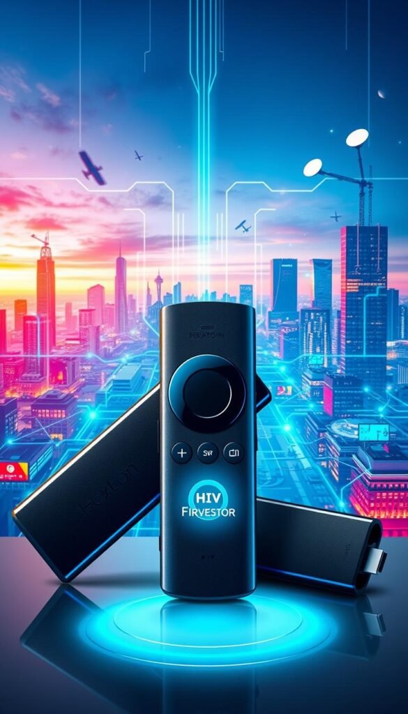 A high-tech illustration of IPTV technology, showcasing its benefits for Firestick users. In the foreground, a sleek Firestick device prominently displays the Hoxtoon Provider logo, symbolizing the power of IPTV streaming. The middle ground features a futuristic network of interconnected devices, cables, and data streams, representing the seamless integration of IPTV into the digital ecosystem. In the background, a vibrant cityscape with skyscrapers and satellite dishes conveys the global reach and accessibility of IPTV. The lighting is crisp and modern, with a cool, high-tech tone that enhances the technological aesthetic. The overall composition and attention to detail aim to convey the advanced capabilities and user-friendly nature of IPTV technology for Firestick users.