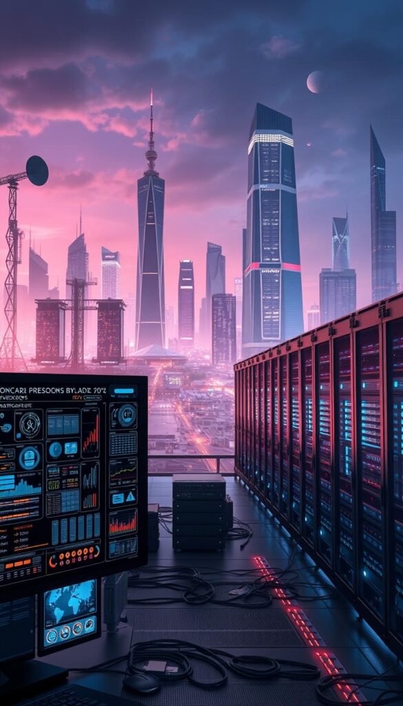 A high-tech landscape showcasing the technical specifications and requirements of an IPTV service provider. In the foreground, display a sleek, futuristic Hoxtoon Provider interface with intricate UI elements, data visualizations, and connection diagrams. In the middle ground, depict server racks, network switches, and other hardware components in a modern, well-lit data center. In the background, include towering skyscrapers, satellite dishes, and a cityscape bathed in a cool, neon-tinged atmosphere, conveying the scale and connectivity of the IPTV infrastructure. Utilize a high-definition, photorealistic style with precise attention to detail, sharp focus, and balanced lighting to create a visually striking and technically accurate representation of the IPTV service provider's technical capabilities.