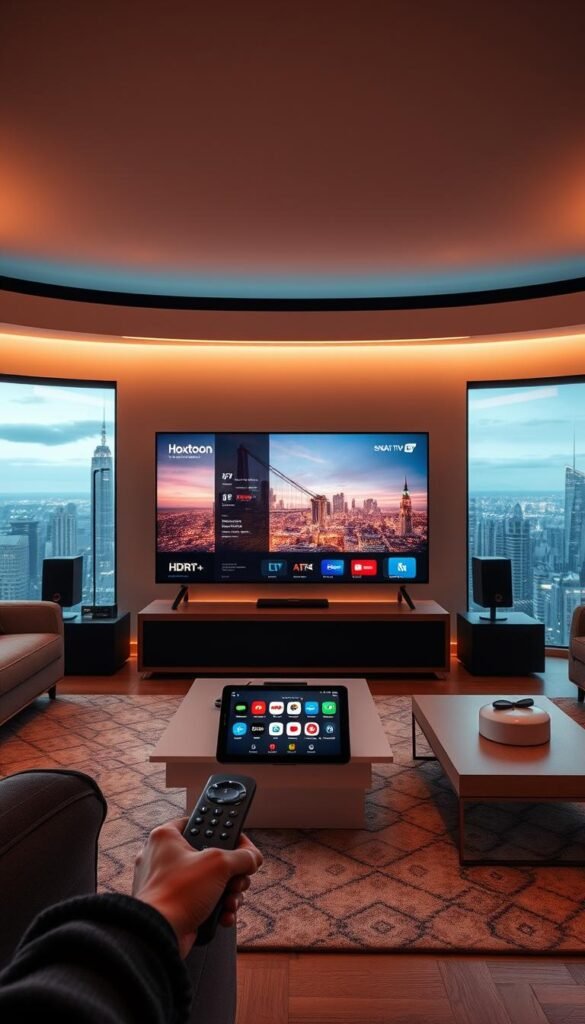 A high-tech living room with a sleek, modern Hoxtoon Provider smart TV as the focal point. The display showcases vibrant 8K resolution, HDR10+ technology, and a seamless user interface. Ambient lighting creates a cozy, immersive atmosphere, complemented by a surround sound system. In the foreground, a wireless remote control and a smart home hub demonstrate the integration of advanced features. The middle ground features a minimalist coffee table with a tablet displaying various streaming service logos, hinting at the TV's comprehensive content library. The background depicts a panoramic window overlooking a futuristic cityscape, conveying a sense of sophistication and technology-driven lifestyle.