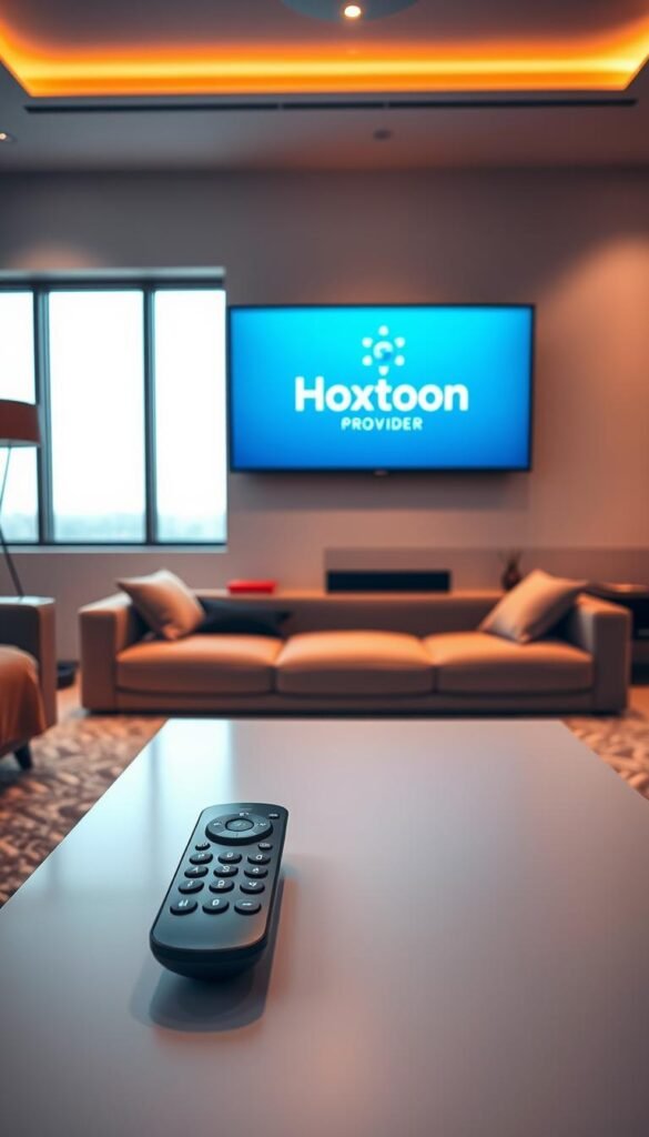A high-tech living room with a sleek, modern television mounted on the wall. The screen displays the Hoxtoon Provider logo, signifying a premium IPTV streaming service. The room is bathed in warm, diffused lighting, creating a cozy and inviting atmosphere. In the foreground, a smart remote control lies on a minimalist coffee table, hinting at the effortless control of the IPTV experience. The middle ground features a plush, comfortable sofa, encouraging viewers to sit back and enjoy the seamless streaming. The background showcases large windows, allowing natural light to filter in and enhancing the overall ambiance. The scene conveys a sense of technological sophistication and the evolution of television entertainment.