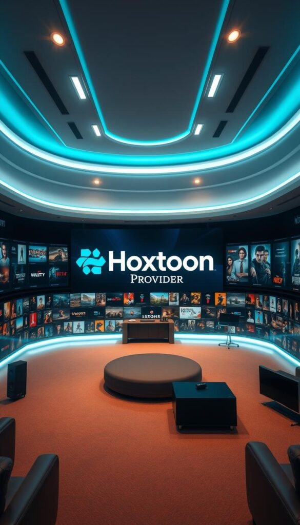 A high-tech media hub bathed in soft lighting, showcasing a sleek, modern interface for an on-demand streaming service. The Hoxtoon Provider logo prominently displayed, surrounded by a diverse selection of movie and TV show thumbnails, inviting the viewer to explore a vast library of over 150,000 titles. The scene is captured through a wide-angle lens, emphasizing the depth and breadth of the platform's content, while a sense of depth and perspective is achieved through the layering of elements in the foreground, middle ground, and background. The overall mood is one of sophistication, convenience, and endless entertainment possibilities.