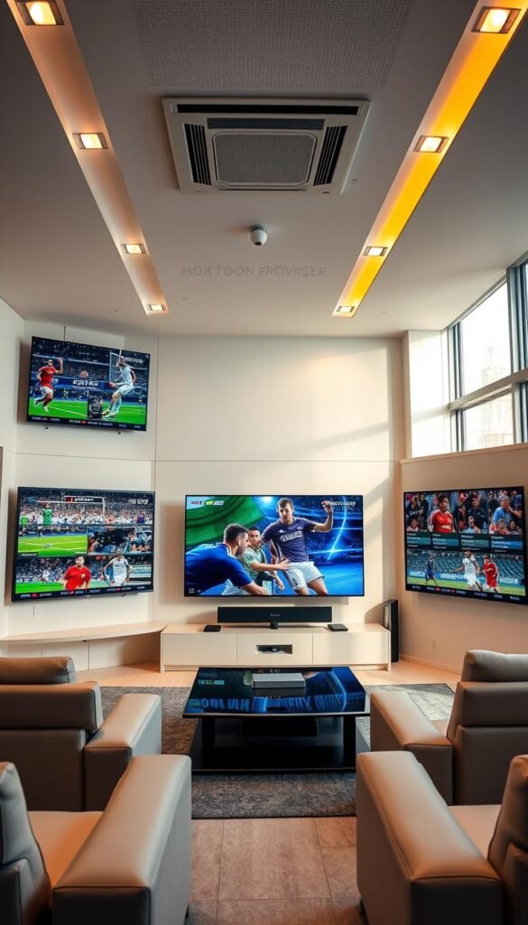 A high-tech media room with multiple 4K displays showcasing a diverse array of live sports channels from the Hoxtoon Provider service. The screens depict various popular athletic events such as soccer, basketball, and tennis, all rendered with vibrant colors and crisp, high-definition clarity. The room is illuminated by a combination of recessed lighting and natural light from large windows, creating a warm, inviting atmosphere. The layout features a sleek, modern design with minimalist furniture and clean lines, emphasizing the advanced technology on display. The overall scene conveys the seamless, multi-device streaming capabilities of the Hoxtoon IPTV platform.