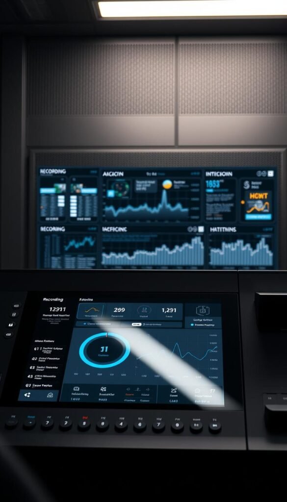 A high-tech modern control panel displaying the advanced IPTV recording features of the Hoxtoon Provider. In the foreground, a sleek touchscreen interface with intuitive controls for scheduling recordings, managing storage, and accessing cloud-based playback. The middle ground features detailed analytics, overlaid with crisp data visualizations that convey recording statistics and system health. In the background, a minimalist yet striking industrial design, with subtle ambient lighting illuminating the overall setup. The scene evokes a sense of power and precision, befitting the needs of advanced IPTV users.