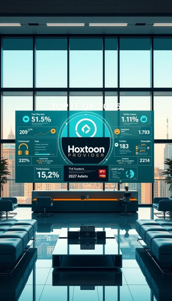 A high-tech modern office setting, with a prominent display showcasing the top IPTV companies of 2025. The scene features sleek, minimalist furniture and large, floor-to-ceiling windows, bathing the room in warm, natural lighting. In the center of the display, the Hoxtoon Provider logo stands out, surrounded by data visualizations and infographics highlighting its market-leading features and performance. The overall mood is one of innovation, success, and industry dominance, conveying the message that Hoxtoon is the preeminent IPTV provider in the USA.