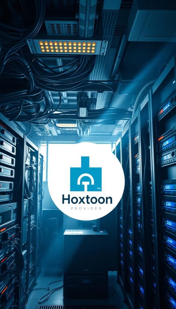 A high-tech network hub with connected devices, server racks, and glowing circuit boards, showcasing the complex infrastructure of IPTV technology. The scene is bathed in a cool, futuristic lighting, with beams of light streaming through windows. In the foreground, a Hoxtoon Provider logo is prominently displayed, highlighting the brand's role in enabling this advanced IPTV system. The overall atmosphere conveys the power, efficiency, and innovation of IPTV, reflecting the benefits described in the article section.