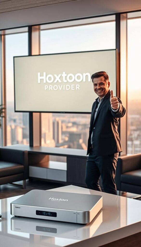 A high-tech office setting with a large display showing the Hoxtoon Provider logo. In the foreground, a satisfied customer giving a thumbs-up gesture, conveying positive experiences. The middle ground features a sleek, modern IPTV device and remote control. The background showcases a cityscape through large windows, hinting at the provider's expansive reach. Soft, warm lighting creates a welcoming atmosphere. The scene emphasizes the quality, reliability, and customer-centric approach of the Hoxtoon Provider IPTV service.