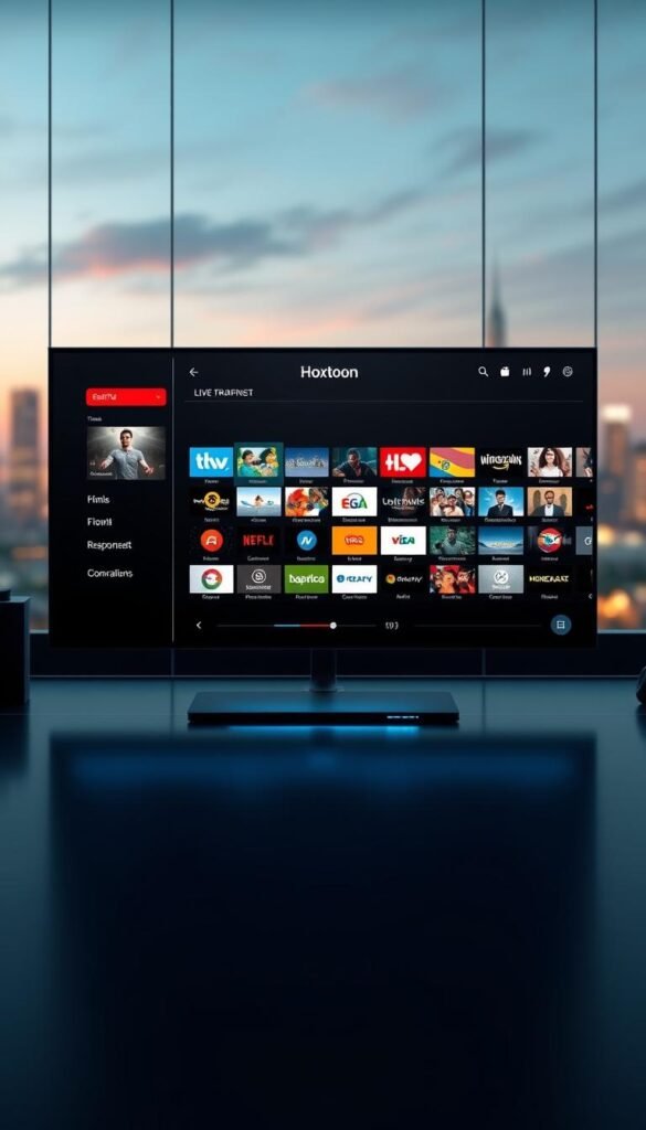 A high-tech, seamless IPTV streaming service interface featuring the Hoxtoon Provider brand. The scene depicts a sleek, minimalist display with an intuitive user experience, showcasing a diverse selection of live TV channels and on-demand content. Subtle lighting highlights the responsive touchscreen controls, creating a modern, immersive atmosphere. The middle ground features a grid of channel thumbnails, with a polished, futuristic design. In the background, a blurred cityscape skyline conveys a sense of urban connectivity. The overall composition exudes a professional, high-quality aesthetic that aligns with the technical specifications and streaming quality of the Hoxtoon IPTV service.