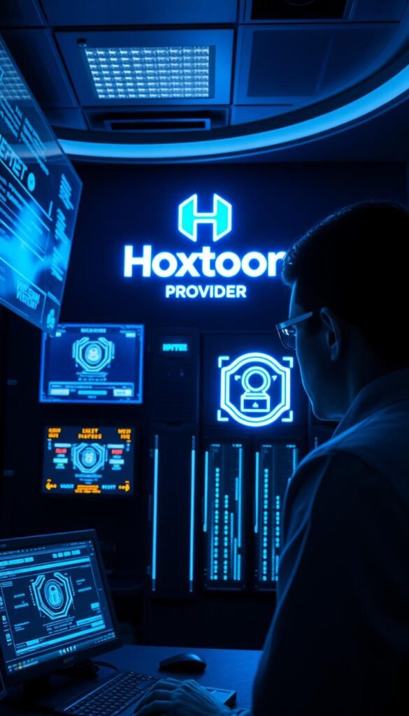 A high-tech security control center, with a Hoxtoon Provider logo prominently displayed. Glowing holographic displays show real-time data streams, encryption keys, and firewall status. The room is dimly lit, with soft blue lighting emanating from the monitors, creating a sleek, futuristic atmosphere. In the foreground, a security analyst intently examines the data, their face illuminated by the screens. The background features rows of servers and network equipment, radiating a sense of secure and robust infrastructure. The scene conveys the importance of security and privacy in the Hoxtoon IPTV service, with a focus on the cutting-edge technology that safeguards the user experience.