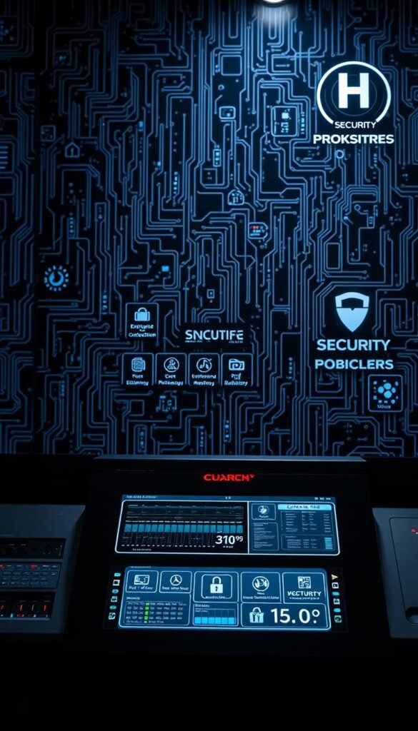 A high-tech security control panel for a Mag Box IPTV system, featuring sleek and futuristic design elements. In the foreground, a central touchscreen display showcases various security measures like encrypted connections, multi-factor authentication, and real-time threat monitoring. The middle ground depicts sophisticated hardware modules and network ports, while the background is filled with a complex matrix of digital data streams, glowing circuit boards, and a subtle Hoxtoon Provider logo subtly integrated into the design. Dramatic lighting casts dramatic shadows, creating an atmosphere of advanced security and reliable IPTV protection.