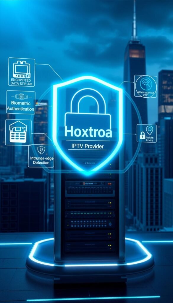 A high-tech security interface with a Hoxtoon Provider logo, showcasing various IPTV security measures. In the foreground, a holographic display presents encrypted data streams, biometric authentication systems, and intrusion detection alerts. The middle ground features a sleek server rack housing cutting-edge security hardware, while the background depicts a cityscape with towering skyscrapers, hinting at the global scale of the IPTV network. Dramatic lighting, with cool blue hues and dynamic camera angles, conveys the importance and complexity of safeguarding IPTV services.