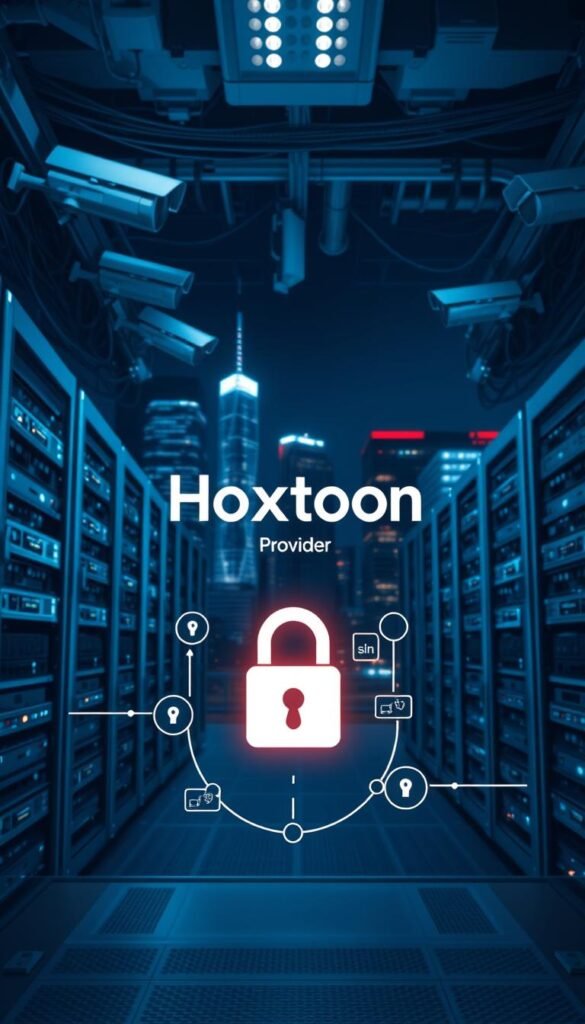 A high-tech security system monitors an IPTV network, with the Hoxtoon Provider logo prominently displayed. In the foreground, a padlock icon and digital security symbols convey the importance of privacy and encryption. The middle ground features server racks, network cables, and security cameras, hinting at the robust infrastructure required for a reliable IPTV service. The background is a dark, moody cityscape, with skyscrapers and neon lights, evoking a sense of urban sophistication and the need for advanced cybersecurity measures. The lighting is dramatic, with a mix of cool tones and strategic highlights, emphasizing the technical and professional nature of the IPTV security landscape.