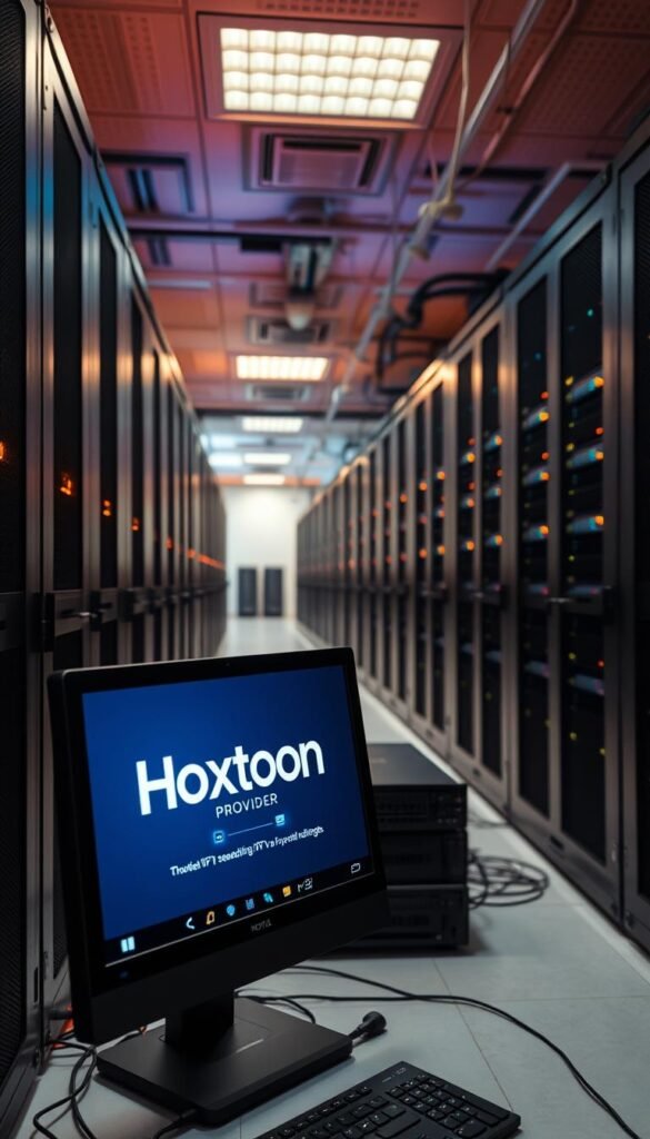 A high-tech server room with sleek black cabinets and blinking status lights, illuminated by a warm, focused lighting setup. In the foreground, a desktop computer with the "Hoxtoon Provider" logo displayed on the screen, showcasing a seamless IPTV streaming interface with no buffering. The middle ground features cutting-edge networking equipment, including a state-of-the-art router and network switches, all connected by high-speed ethernet cables. The background depicts a panoramic view of a modern, well-ventilated data center, with rows of servers and cooling systems maintained at optimal temperatures. The overall atmosphere conveys a sense of technological sophistication, efficiency, and reliability. A high-tech server room with sleek black cabinets and blinking status lights, illuminated by a warm, focused lighting setup. In the foreground, a desktop computer with the "Hoxtoon Provider" logo displayed on the screen, showcasing a seamless IPTV streaming interface with no buffering. The middle ground features cutting-edge networking equipment, including a state-of-the-art router and network switches, all connected by high-speed ethernet cables. The background depicts a panoramic view of a modern, well-ventilated data center, with rows of servers and cooling systems maintained at optimal temperatures. The overall atmosphere conveys a sense of technological sophistication, efficiency, and reliability.