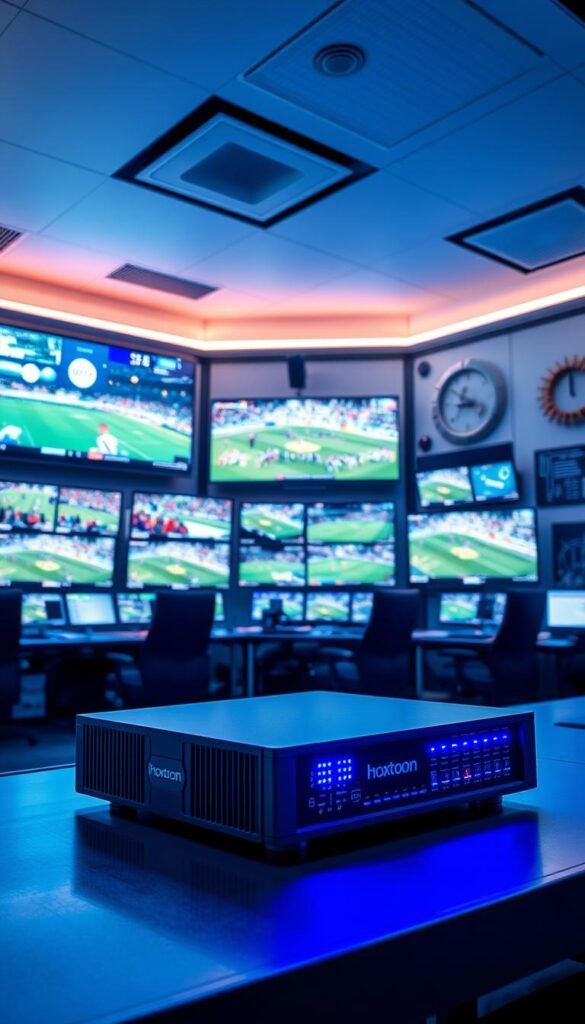 A high-tech sports broadcasting control room, with rows of monitors displaying various IPTV channels and live sports events. In the foreground, a sleek Hoxtoon Provider device sits prominently, its LED indicators pulsing with data. The room is bathed in a cool, blue-tinted lighting, creating a sense of technological sophistication. The walls are adorned with sports memorabilia and technical diagrams, hinting at the advanced infrastructure powering the IPTV sports streaming capabilities. The atmosphere is one of efficiency and precision, reflecting the seamless delivery of live sports content to viewers.