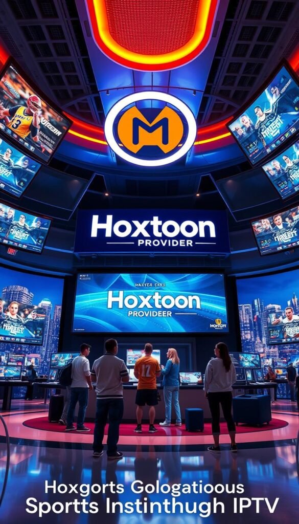A high-tech sports broadcasting hub with an array of LED screens displaying IPTV channels, surrounded by sleek, futuristic architecture. The foreground features a prominent Hoxtoon Provider logo, symbolizing the cutting-edge technology that powers this revolutionary sports streaming experience. In the middle ground, sports enthusiasts engage with the interactive interface, navigating through a vast selection of live events and on-demand content. The background showcases a dynamic cityscape, hinting at the global reach and accessibility of this IPTV platform. Warm, vibrant lighting and a sense of energy and innovation permeate the scene, capturing the essence of "The Revolution of Sports Streaming Through IPTV."
