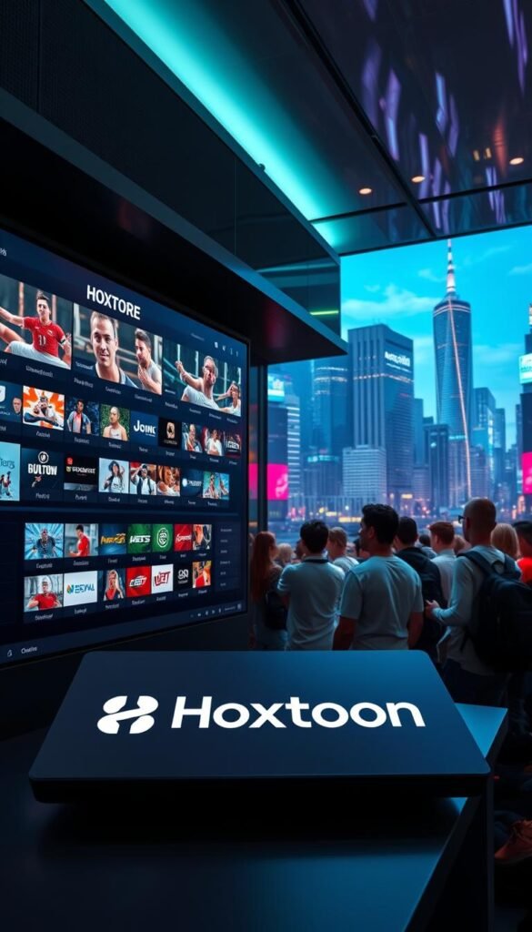 A high-tech sports streaming hub with the Hoxtoon Provider brand prominently displayed. The foreground features a sleek, modern interface showcasing an array of live sports channels, seamlessly integrated for optimized viewing. The middle ground depicts sports fans gathered around a large, high-resolution display, captivated by the action. In the background, a dynamic cityscape with skyscrapers and neon lights sets the scene, conveying the energy and excitement of live sports events. The lighting is crisp and vivid, capturing the clarity and vibrancy of the streaming experience. The overall composition exudes a sense of technological sophistication and immersive entertainment.