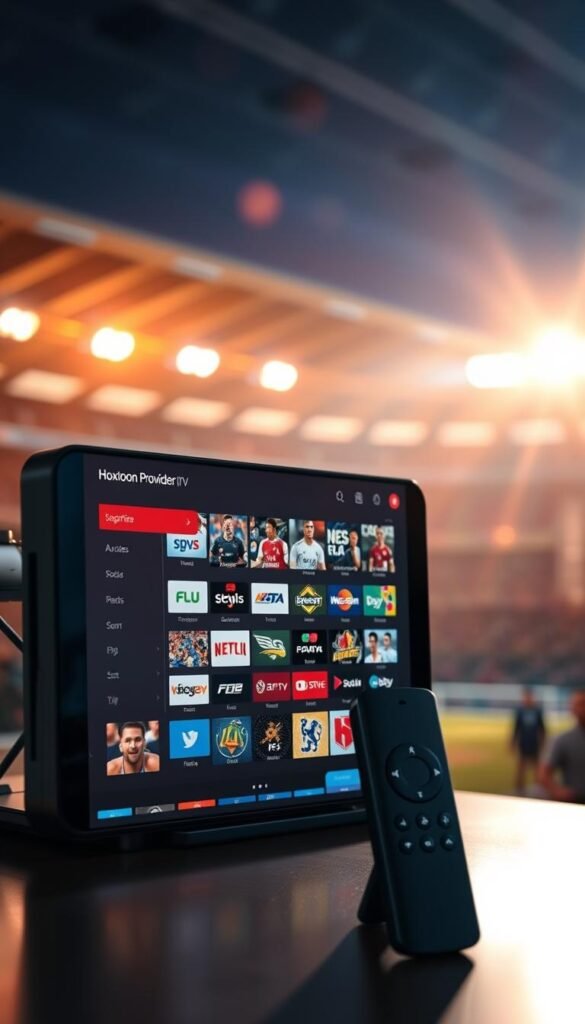A high-tech streaming device displays the Hoxtoon Provider IPTV interface, showcasing a vast array of live sports channels. The screen is bathed in a warm, cinematic glow, with sleek icons and an intuitive menu layout. In the background, a blurred stadium scene evokes the excitement of sports events, while subtle lens flares and depth of field create a sense of immersion. The overall composition conveys the seamless integration of IPTV technology and the thrill of live sports streaming on a Firestick.