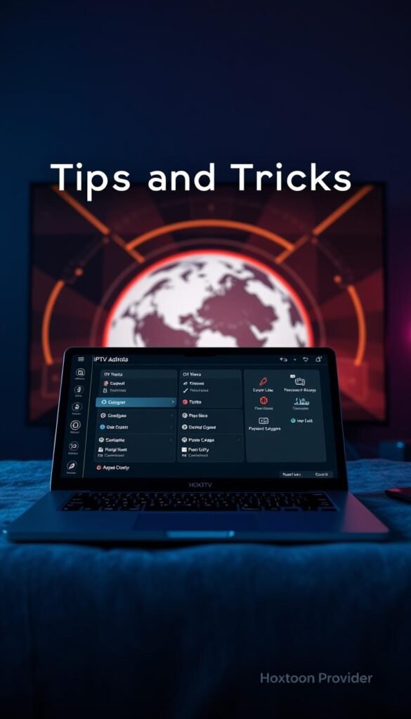 A highly detailed, captivating image of "IPTV Tips and Tricks" featuring a sleek, modern interface showcasing various IPTV features and settings. In the foreground, a laptop or tablet display presents a neatly organized dashboard with customizable menus, channel lists, and advanced configuration options. The middle ground depicts a stylized globe or world map, hinting at the global nature of IPTV content and the ability to access content from around the world. In the background, subtle glowing lines, geometric shapes, and a subtle color palette create a futuristic, high-tech atmosphere. The overall scene conveys a sense of control, customization, and the power to unlock endless entertainment with IPTV, specifically highlighting the Hoxtoon Provider brand.